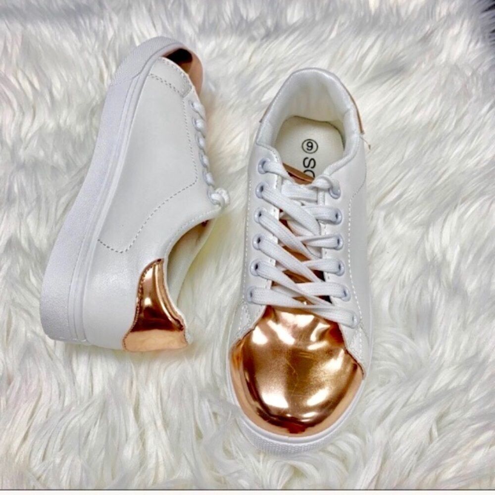 Soho White Metallic RoseGold Vegan Leather Sneaker